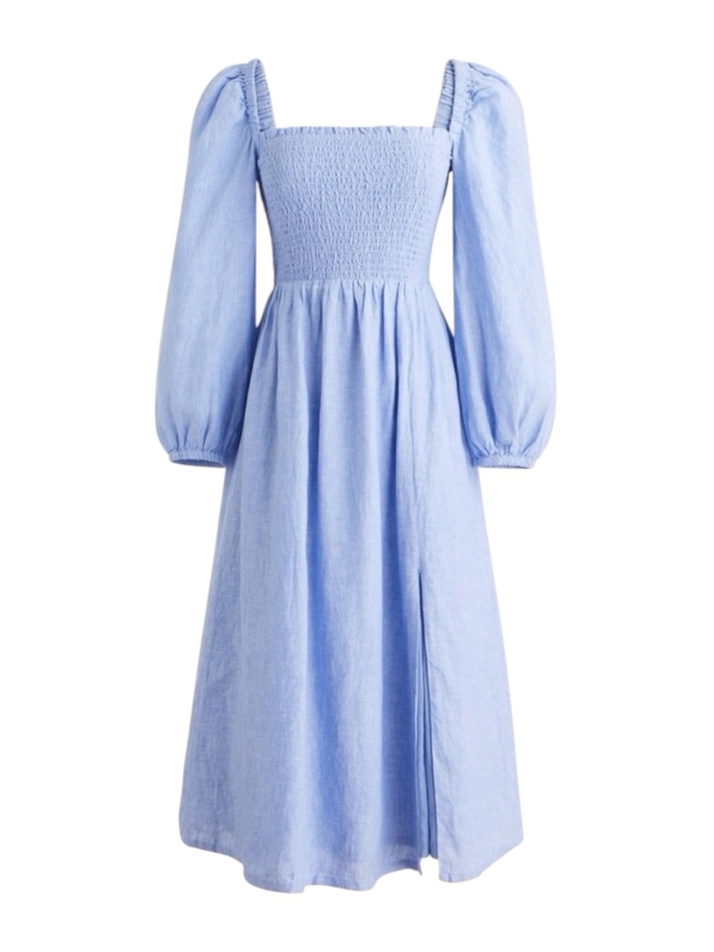 J. Crew Linen Daydream Blue Smocked Long Balloon Sleeve Midi Dress SMALL TALL